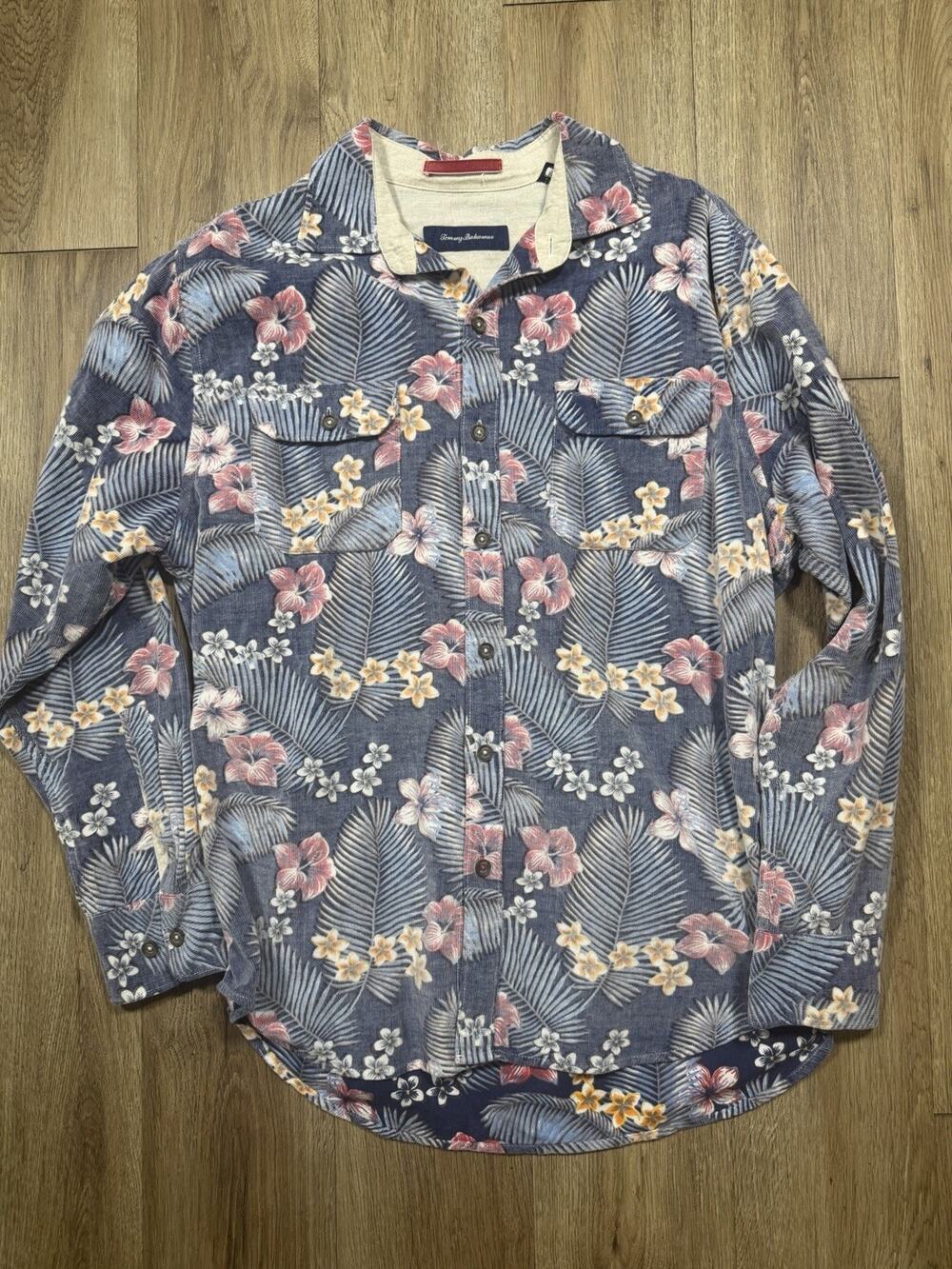 Mens Tommy Bahama Size Medium Long Sleeve Blue Corduroy Hawaiian Floral Shirt